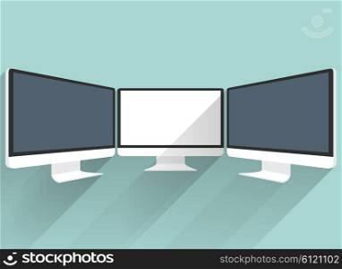 Computer Monitor Isolated. Price movement. Stock exchange rates on monitors. Profit graph for diagram. Electronic stock numbers. Profit gain. Business stock exchange. Live online screen. Flat icon modern design style concept