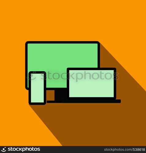 Computer monitor,laptop and phone icon in flat style on a yellow background. Computer monitor,laptop and phone icon