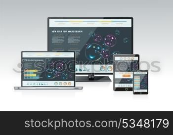 Computer monitor, laptop and tablet pc with a blue background and colorful apps on a screen.