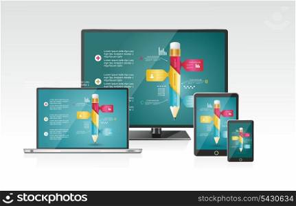 Computer monitor, laptop, tablet pc, and mobile smartphone with a blue background and colorful apps or infographics on a screen.