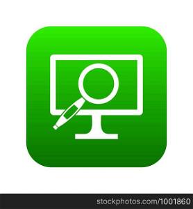 Computer monitor magnifying glass icon digital green for any design isolated on white vector illustration. Computer monitor magnifying glass icon digital green