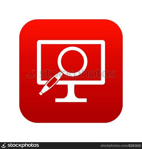 Computer monitor magnifying glass icon digital red for any design isolated on white vector illustration. Computer monitor magnifying glass icon digital red