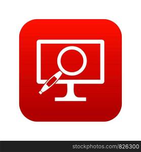 Computer monitor magnifying glass icon digital red for any design isolated on white vector illustration. Computer monitor magnifying glass icon digital red