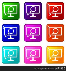 Computer monitor magnifying glass icons of 9 color set isolated vector illustration. Computer monitor magnifying glass icons 9 set