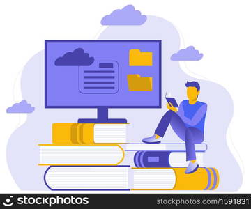 Computer monitor on a stack of books. Reading literature, gaining knowledge and learning. Store e-books in the cloud. Flat illustration isolated on white background. Online library.. Computer monitor on a stack of books. Reading literature, gaining knowledge and learning. Store e-books in the cloud.