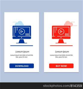 Computer, Monitor, Play, Music Blue and Red Download and Buy Now web Widget Card Template
