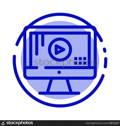 Computer, Monitor, Play, Music Blue Dotted Line Line Icon