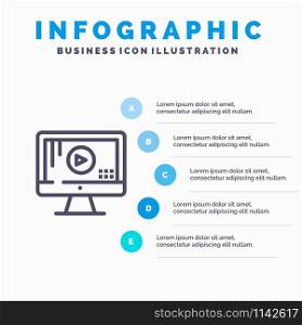 Computer, Monitor, Play, Music Blue Infographics Template 5 Steps. Vector Line Icon template