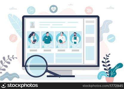 Computer monitor screen with doctors profiles and portraits. Concept of medical services and healthcare. Online technology helps patients find doctors. Trendy Flat vector illustration. Computer monitor screen with doctors profiles and portraits. Concept of medical services and healthcare.