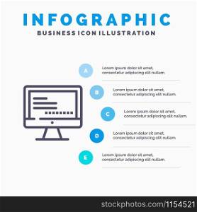 Computer, Monitor, Text, Education Blue Infographics Template 5 Steps. Vector Line Icon template