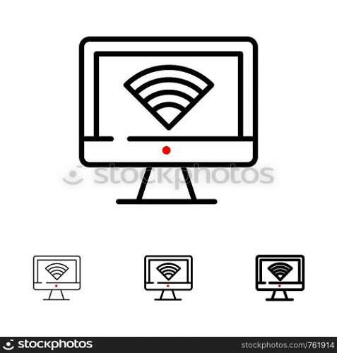 Computer, Monitor, Wifi, Signal Bold and thin black line icon set