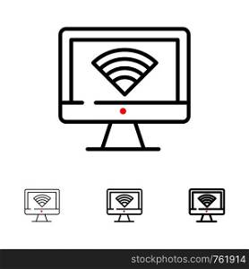 Computer, Monitor, Wifi, Signal Bold and thin black line icon set