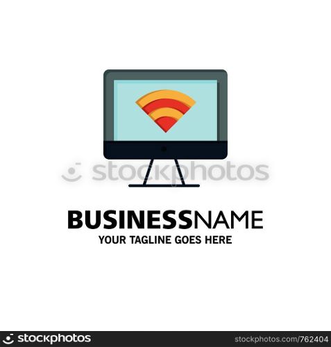 Computer, Monitor, Wifi, Signal Business Logo Template. Flat Color
