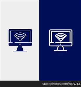 Computer, Monitor, Wifi, Signal Line and Glyph Solid icon Blue banner