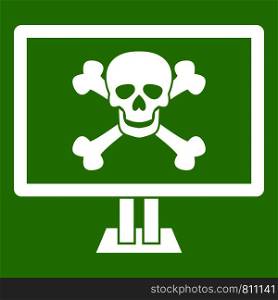 Computer monitor with a skull and bones icon white isolated on green background. Vector illustration. Computer monitor with a skull and bones icon green