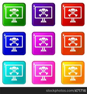 Computer monitor with a skull and bones icons of 9 color set isolated vector illustration. Computer monitor with a skull and bones icons