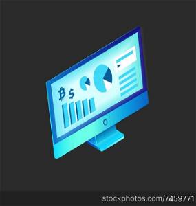 Computer monitor with data and information about bitcoin and dollar. Rising charts and pie diagrams, info analysis and researches visualization vector. Computer Monitor with Data Vector Illustration