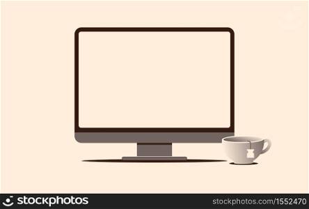 Computer monitor with empty screen and cup of tea nearby in flat style