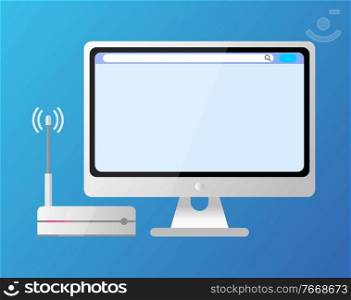 Computer monitor with empty screen and searching line, network equipment wifi, flat style of connection device, gadget and wireless object on blue vector. Pc Screen and Wifi, Wireless Equipment Vector