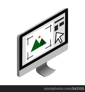 Computer monitor with printer program icon in isometric 3d style on a white background. Computer monitor with printer program icon