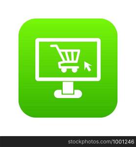Computer monitor with shopping cart icon digital green for any design isolated on white vector illustration. Computer monitor with shopping cart icon digital green
