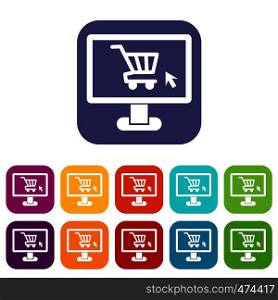Computer monitor with shopping cart icons set vector illustration in flat style In colors red, blue, green and other. Computer monitor with shopping cart icons set
