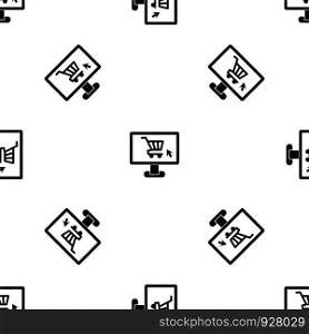 Computer monitor with shopping cart pattern repeat seamless in black color for any design. Vector geometric illustration. Computer monitor with shopping cart pattern seamless black