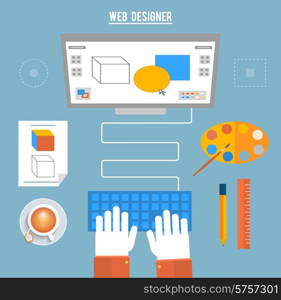 Computer monitor with the screen of the program for design and architecture in flat design. Designer sits for computer and does the work. Web design concept with concepts items icons
