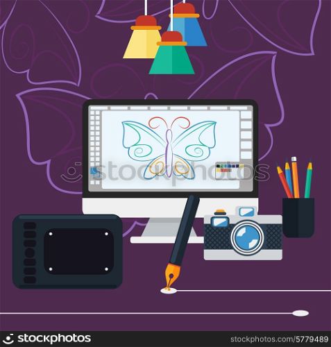 Computer monitor with the screen of the program for design and architecture in flat design. Modern devices set. Web design concept with concepts items icons