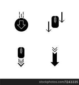 Computer mouse and arrowheads black glyph icons set on white space. Scrolling down and uploading indicators. Arrows interface navigational buttons. Silhouette symbols. Vector isolated illustration