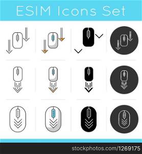 Computer mouse and arrowheads icons set. Scrolling down and uploading indicators. PC mouse interface navigational buttons. Linear, black and RGB color styles. Isolated vector illustrations
