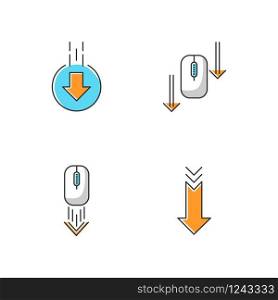 Computer mouse and arrowheads RGB color icons set. Scrolling down and uploading indicators. Arrows interface navigational buttons. Website page cursor. Isolated vector illustrations