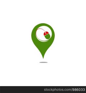 Computer Mouse and map pointer logo combination. GPS locator and cursor symbol or icon. Unique pin and digital logotype design template.
