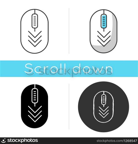Computer mouse with down arrows icon. Scrolldown gesture indicator. PC element with three arrowheads. Website pointer. Web cursor. Linear black and RGB color styles. Isolated vector illustrations