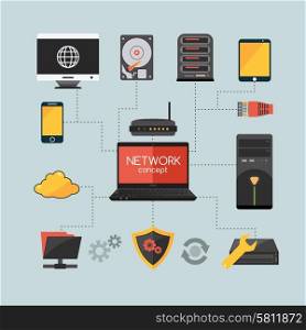 Computer network concept with hardware and system protection flat icons vector illustration. Computer Network Concept
