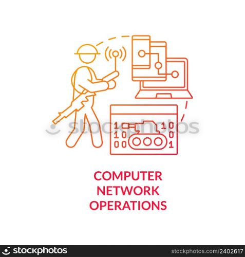 Computer network operations red gradient concept icon. Devices usage. Information operations abstract idea thin line illustration. Isolated outline drawing. Myriad Pro-Bold font used. Computer network operations red gradient concept icon