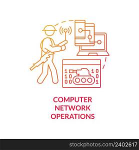 Computer network operations red gradient concept icon. Devices usage. Information operations abstract idea thin line illustration. Isolated outline drawing. Myriad Pro-Bold font used. Computer network operations red gradient concept icon