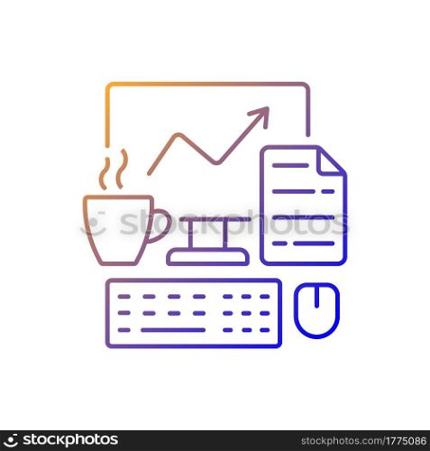 Computer office gradient linear vector icon. Freelancer workplace. Worker desk. Daily workflow. Report on screen. Thin line color symbols. Modern style pictogram. Vector isolated outline drawing. Computer office gradient linear vector icon