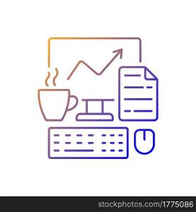 Computer office gradient linear vector icon. Freelancer workplace. Worker desk. Daily workflow. Report on screen. Thin line color symbols. Modern style pictogram. Vector isolated outline drawing. Computer office gradient linear vector icon