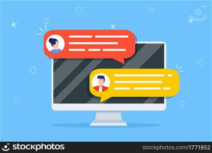 Computer online chat notices. desktop pc with chatting bubble notifications, concept of people messaging on internet, on-line communication. Vector illustration in flat style. Computer online chat notices