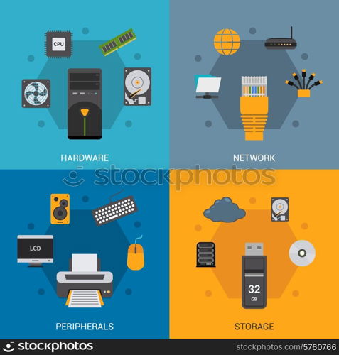 Computer parts design concept set with hardware network peripherals storage flat icons isolated vector illustration