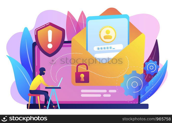 Computer pirate hacker create software designed to cause damage to a computer, server or computer network. Malware, computer virus, spyware concept. Bright vibrant violet vector isolated illustration. Malware computer virus concept vector illustration.