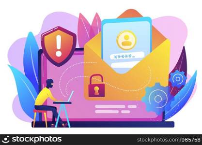 Computer pirate hacker create software designed to cause damage to a computer, server or computer network. Malware, computer virus, spyware concept. Bright vibrant violet vector isolated illustration. Malware computer virus concept vector illustration.