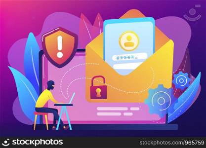 Computer pirate hacker create software designed to cause damage to a computer, server or computer network. Malware, computer virus, spyware concept. Bright vibrant violet vector isolated illustration. Malware computer virus concept vector illustration.