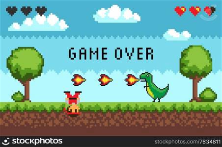 Computer pixel game interface, pixalated defeated personage near dinosaur with fire, 8 bit portrait view of fight monster and character, hero battle in video-game, you lose duel, game over text. Hero Battle in Pixel Video Game