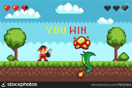 Computer pixel game interface, pixalated personage holding bomb standing near defeated dinosaur with fire, 8 bit portrait view of fight monster and character, hero battle in video-game, you win duel. Hero Battle in Pixel Video Game