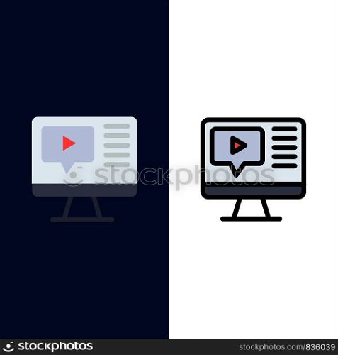 Computer, Play, Video, Education Icons. Flat and Line Filled Icon Set Vector Blue Background