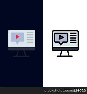 Computer, Play, Video, Education Icons. Flat and Line Filled Icon Set Vector Blue Background