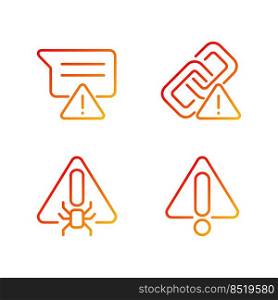 Computer problems pixel perfect gradient linear vector icons set. Virus danger. Isolated vector illustrations. Thin line contour symbol designs bundle. Isolated outline illustrations collection. Computer problems pixel perfect gradient linear vector icons set