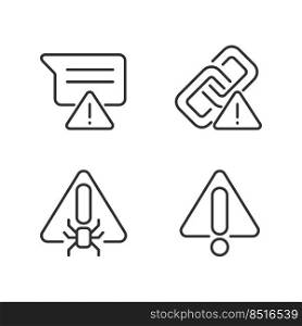 Computer problems pixel perfect linear icons set. Virus danger. Warning. Hyperlink issue. Message is not sent. Customizable thin line symbols. Isolated vector outline illustrations. Editable stroke. Computer problems pixel perfect linear icons set